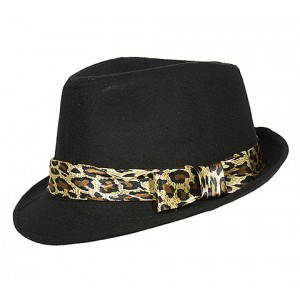 Fedora Hats – 12 PCS Wool-felt Like w/ Leopard Print Band - Black - HT-AHA51743BK